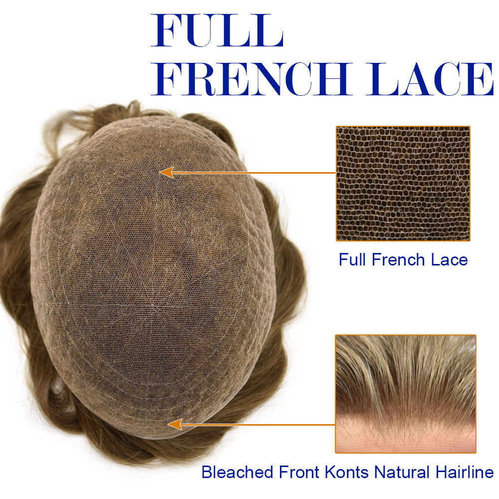 Undetectable Full French Lace Mens Toupee Human Hair System Soft Super Bleached Knots Black Brown Blonde Gray Soft Transparent Swiss Lace Mens Wig Hairpieces Transparent Lace Replacement For Men