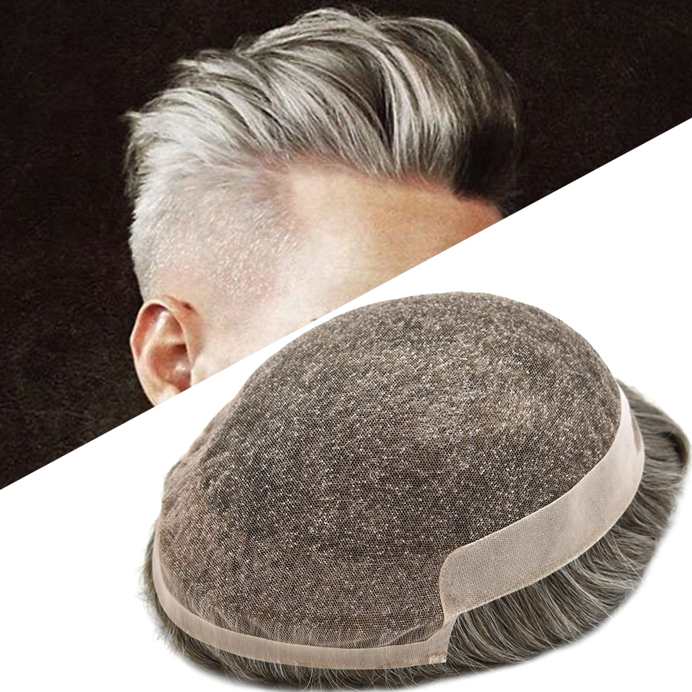 Full French Lace Natural Hairline Gray Hair Mens Toupee Human Hair System Soft Super Bleached Knots Poly Coating Soft Transparent Swiss Lace Mens Wig Hairpieces Transparent Lace Replacement For Men