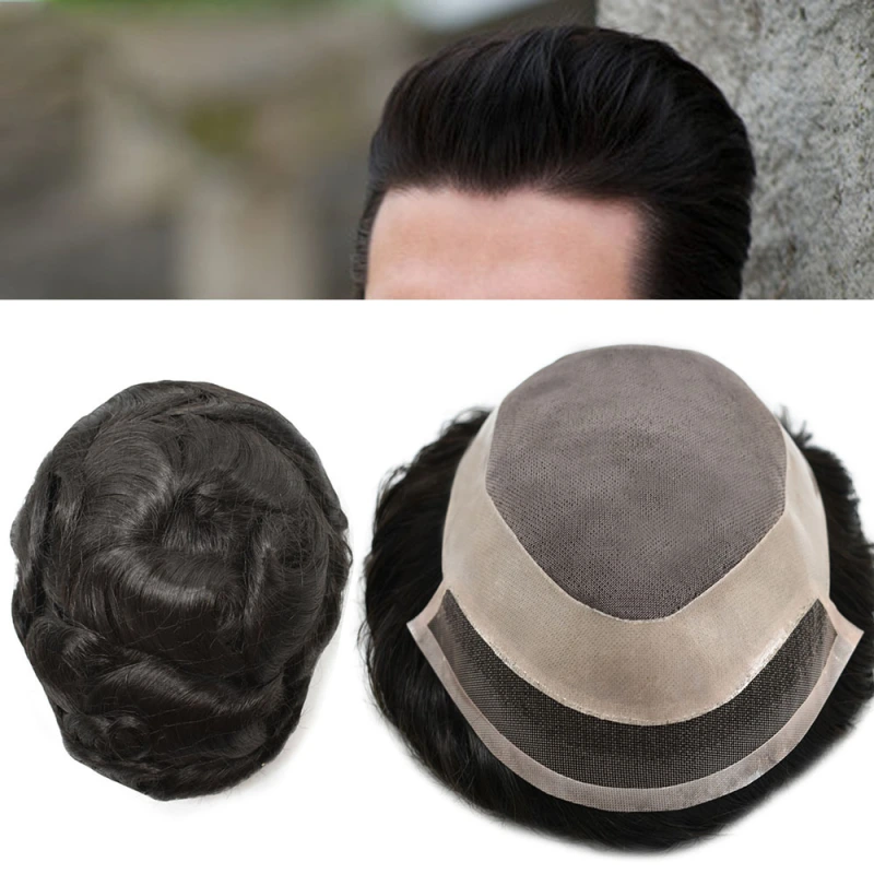 Mens Toupee Fine Welded Lace Front Natural Hairline Men's Hair Replacement System Black Durable Fine Mono Lace Black Hairpieces Wigs