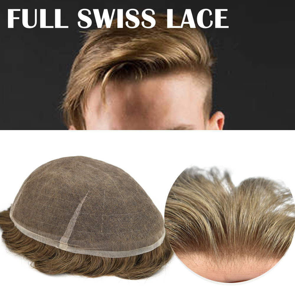 Full Swiss Lace Mens Toupee Human Hair System Soft Super Bleached Knots Black Brown Blonde Gray Soft Transparent Natural Hairline Mens Wig Hairpieces Transparent Lace Replacement For Men