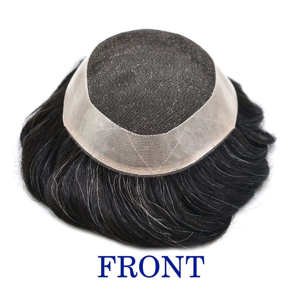 Full French Lace Mens Toupee Human Hair System Black Brown Blonde Gray Poly Skin Around Mens Wig Transparent Lace Hair Replacement