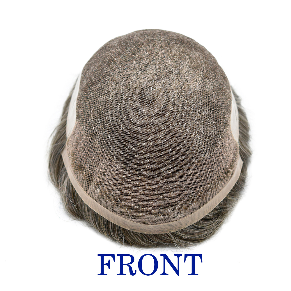 Full French Lace Natural Hairline Gray Hair Mens Toupee Human Hair System Soft Super Bleached Knots Poly Coating Soft Transparent Swiss Lace Mens Wig Hairpieces Transparent Lace Replacement For Men