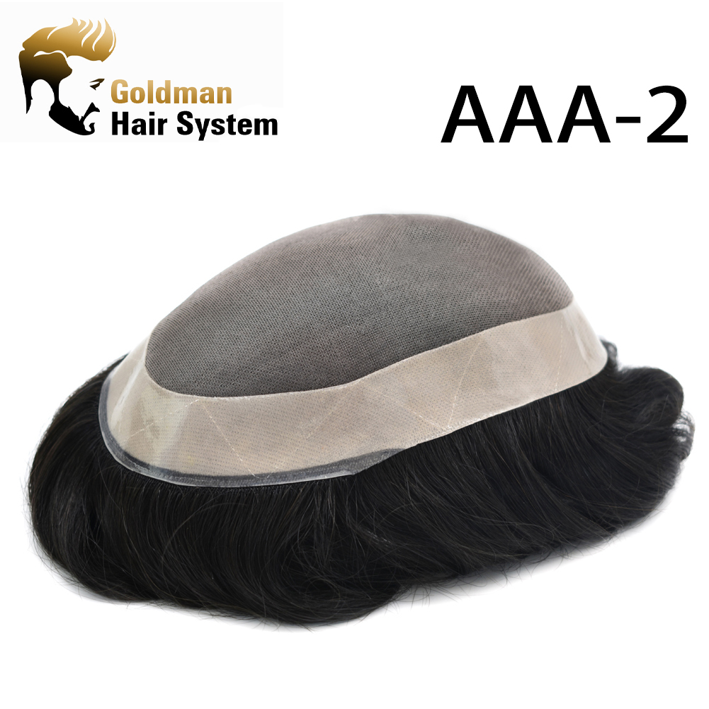 AAA2: Natural Men Toupee Comfortable Durable Hair System Replacement Medium Density Indian Hairs Double Knot Easy Wear Wig