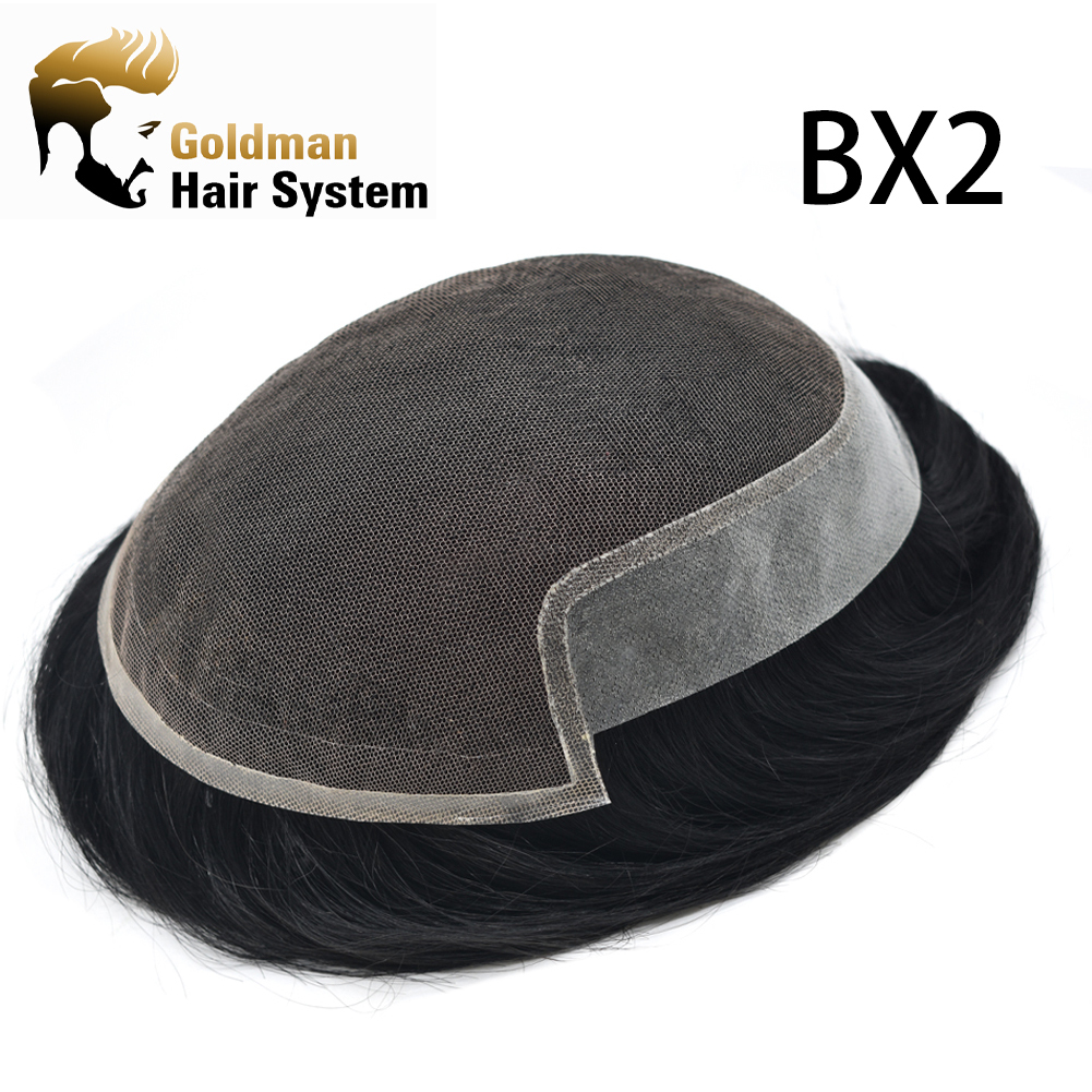 Goldman BX2 Transparent French Lace System - Remy Human Hair Men's Toupee | Bleached Knots, Swiss Lace Front & Thin Skin Base | Gray, Brown, Blonde Hair Colors