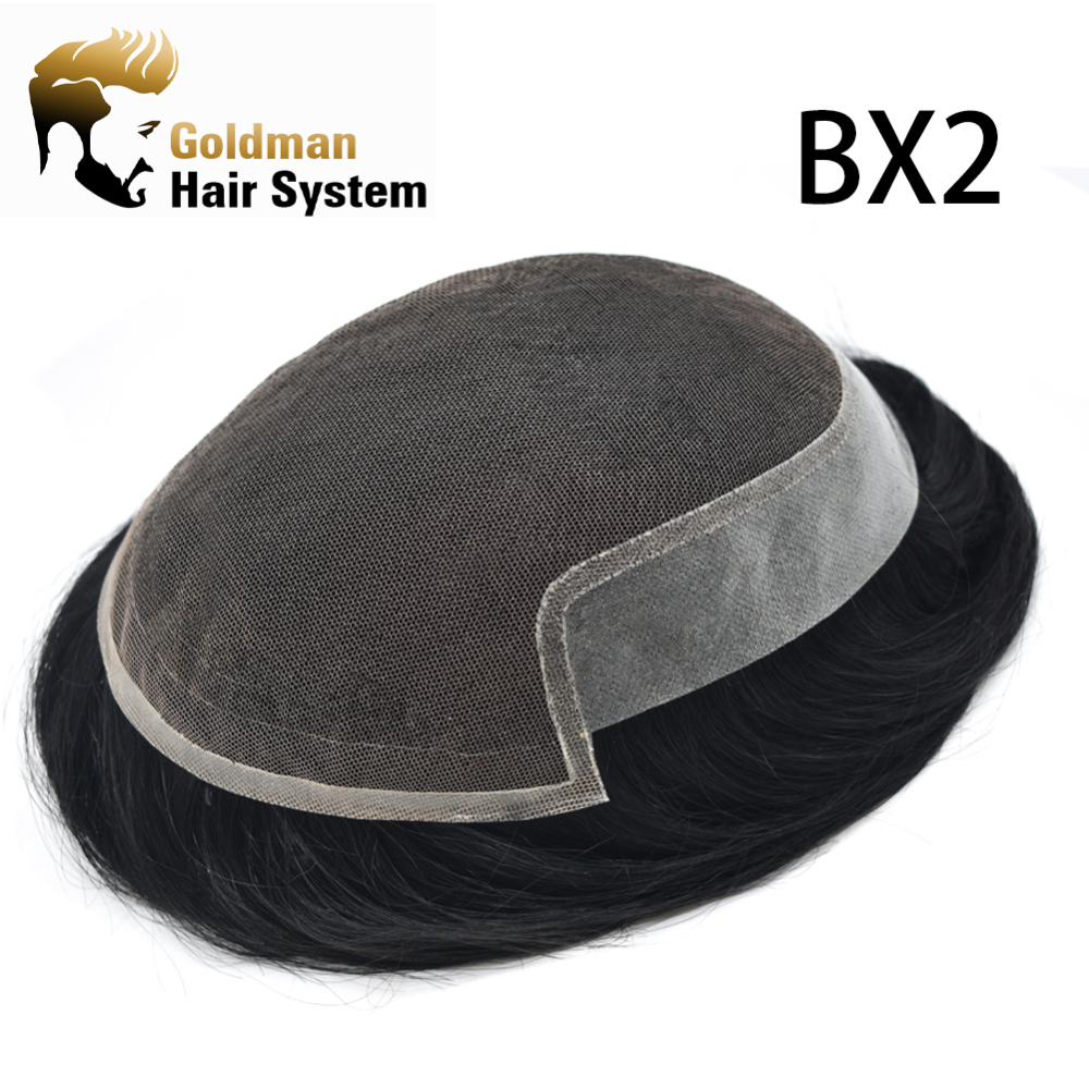 Goldman BX2 Transparent French Lace System - Remy Human Hair Men's Toupee | Bleached Knots, Swiss Lace Front & Thin Skin Base | Gray, Brown, Blonde Hair Colors