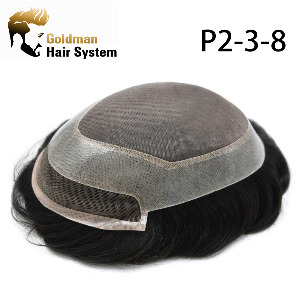 Goldman Premium Men's Human Hair Toupee P2-3-8 | French Lace Front & Fine Mono Clear Poly Base | Skintone, Undetectable, Breathable | Light to Medium Density, Black to Blonde Options