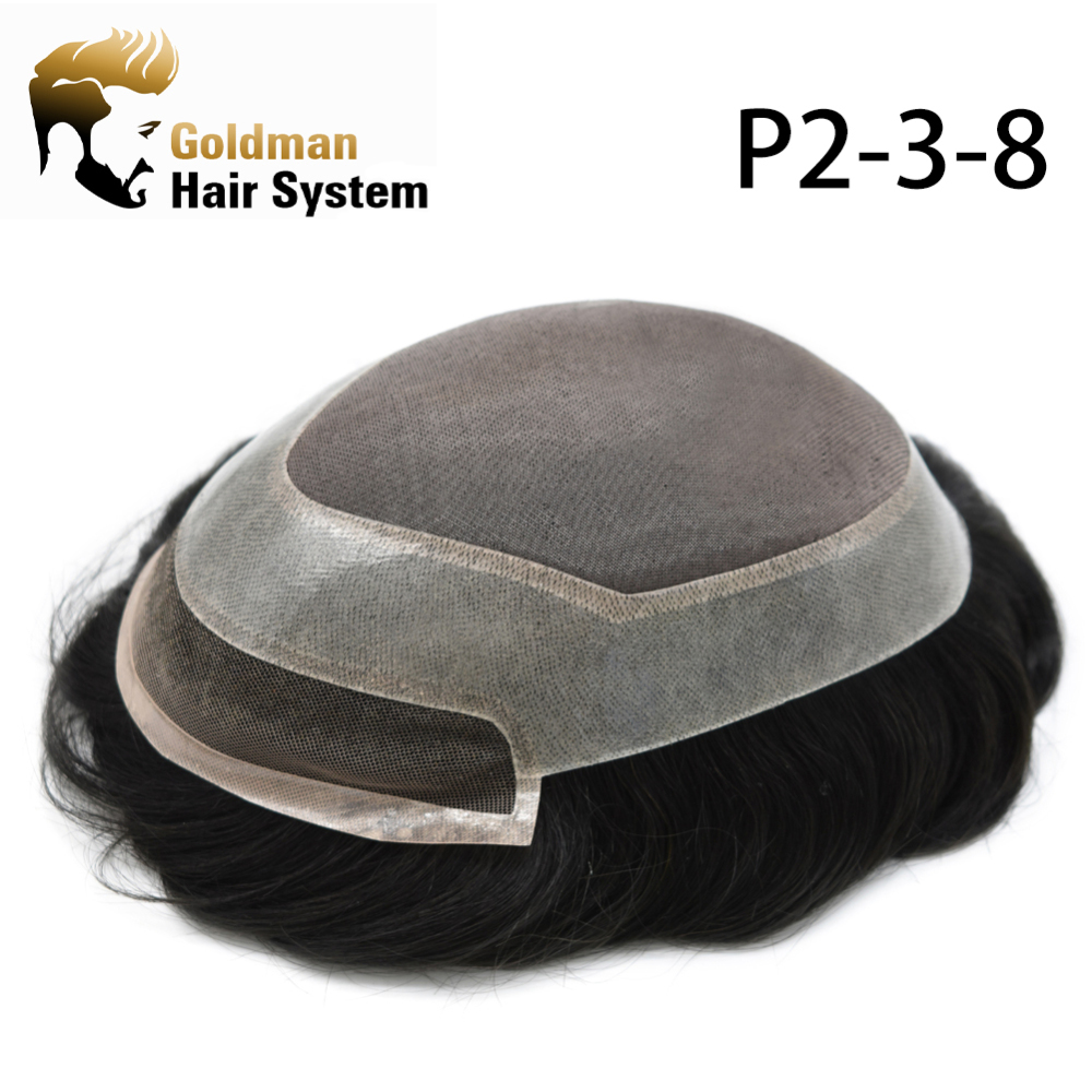 Goldman Premium Men's Human Hair Toupee P2-3-8 | French Lace Front & Fine Mono Clear Poly Base | Skintone, Undetectable, Breathable | Light to Medium Density, Black to Blonde Options