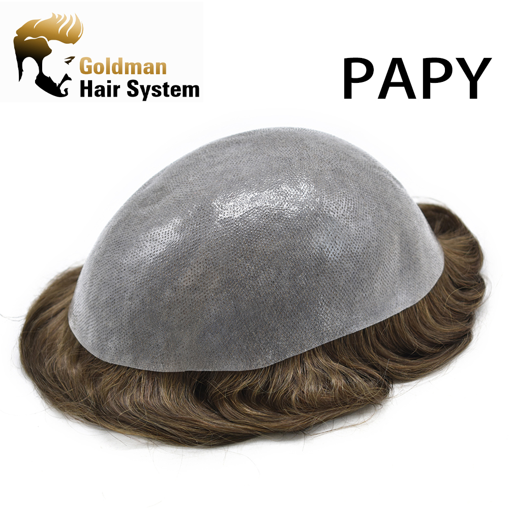 Mens Toupee Super Soft Thin Skin Men's Toupee Real Human Hair Pieces for Men Black Brown Blonde Gray V-loop 0.1-0.12mm Medium PU Thickness Durable Full Poly Replacement For Men