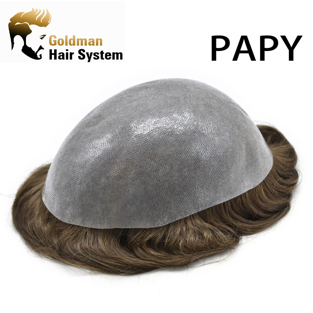Mens Toupee Super Soft Thin Skin Men's Toupee Real Human Hair Pieces for Men Black Brown Blonde Gray V-loop 0.1-0.12mm Medium PU Thickness Durable Full Poly Replacement For Men