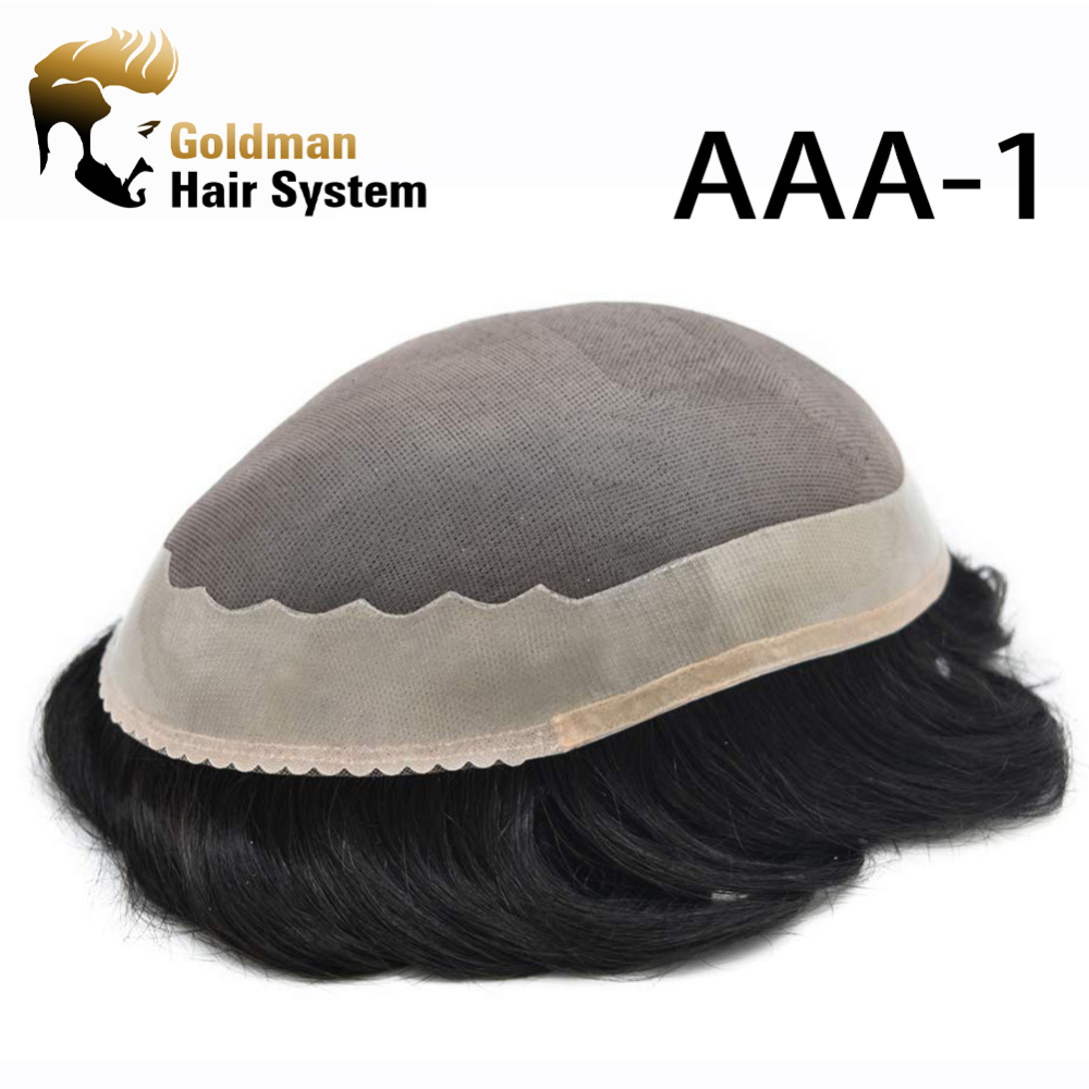 Goldman Men's Indian Remy Hair Toupee A-1 | Fine Mono Base, Natural Poly Coating | Durable, Comfortable Replacement Wig for Men