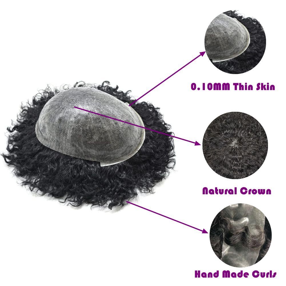 African American Afro Hair Systems Toupee For Black Men Brazilian Remy Human Hair Full Poly SKIN Man Weave Balding Mens Custom Hair Unit 8X10inch Male ALL PU Hair Replacement with weaves
