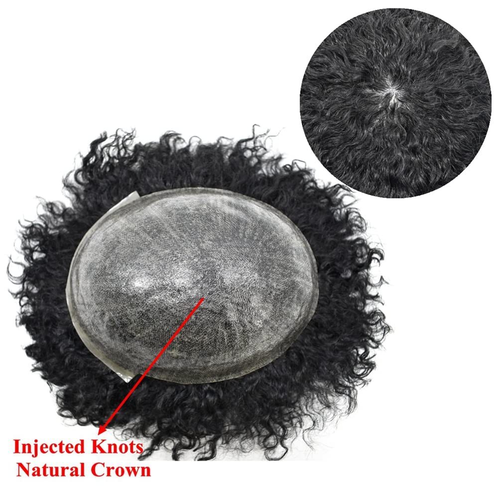 African American Afro Hair Systems Toupee For Black Men Brazilian Remy Human Hair Full Poly SKIN Man Weave Balding Mens Custom Hair Unit 8X10inch Male ALL PU Hair Replacement with weaves