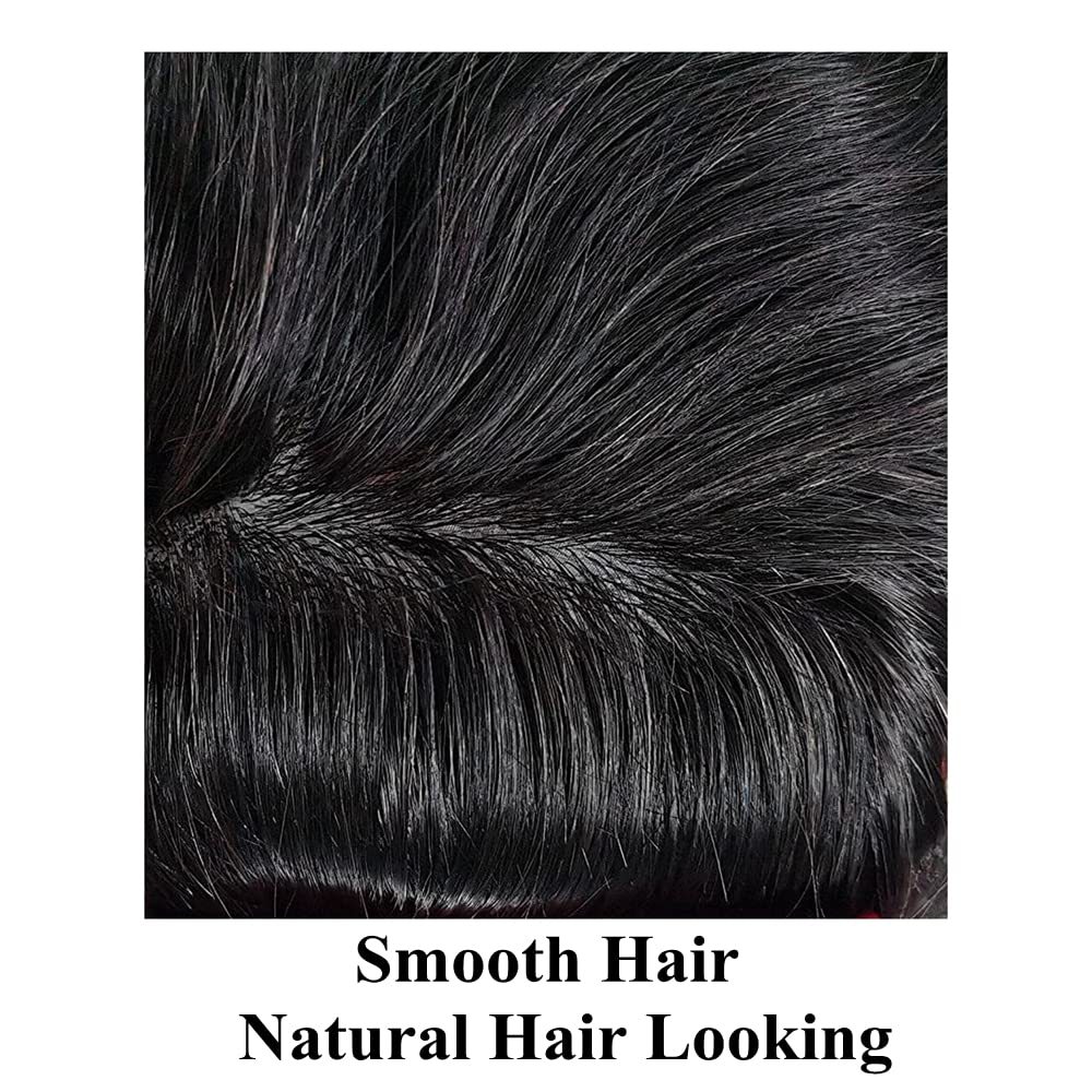 Mens Toupee Super Soft Thin Skin Men's Toupee Real Human Hair Pieces for Men Black Brown Blonde Gray V-loop 0.1-0.12mm Medium PU Thickness Durable Full Poly Replacement For Men
