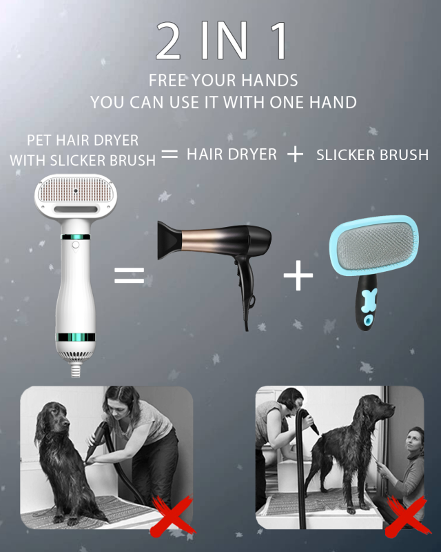 Pet Hair Dryer, Dog Hair Grooming Dryer with Slicker Brush, Portable Dog Blower, Adjustable 3 Temperatures Settings, for Small and Medium Dogs and Cats
