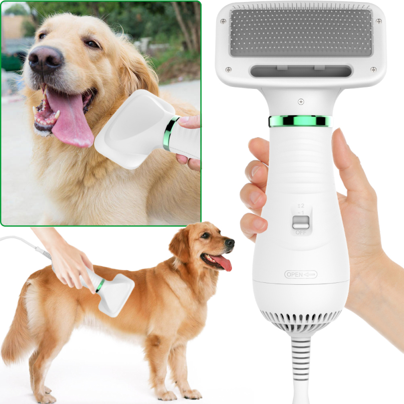 Pet Hair Dryer, 2 in 1 Pet Grooming Hair Dryer with Slicker Brush, Home Dog Hair Dryer with Adjustable 2 Temperatures Settings, for Small and Medium Dogs and Cats