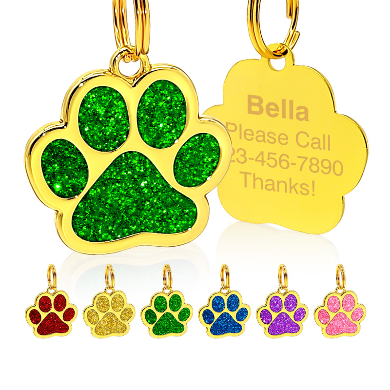 Personalized Engrave Pet Id Tags, Paw Shape Custom Glitter Pet Supplies