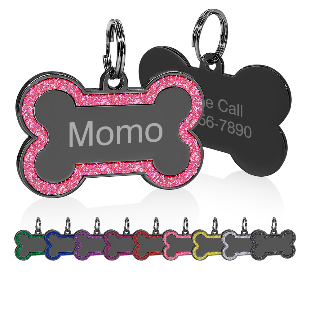 Customized Black Glitter Bone-shaped  Dog Tag- Engraved Dog Name Tag - Slide On Cat ID Tags, Dog Tags Personalized , Dog Id Tags, Dog Name Tags Personalized Engraved ,Pet Identification, Highquality Engraving, Rustproof Material, Pet Owners
