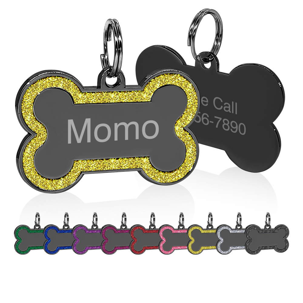 Customized Black Glitter Bone-shaped  Dog Tag- Engraved Dog Name Tag - Slide On Cat ID Tags, Dog Tags Personalized , Dog Id Tags, Dog Name Tags Personalized Engraved ,Pet Identification, Highquality Engraving, Rustproof Material, Pet Owners