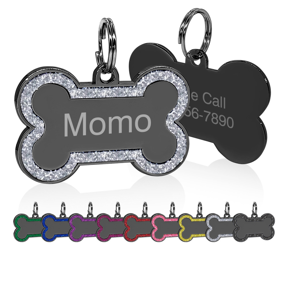 Customized Black Glitter Bone-shaped  Dog Tag- Engraved Dog Name Tag - Slide On Cat ID Tags, Dog Tags Personalized , Dog Id Tags, Dog Name Tags Personalized Engraved ,Pet Identification, Highquality Engraving, Rustproof Material, Pet Owners