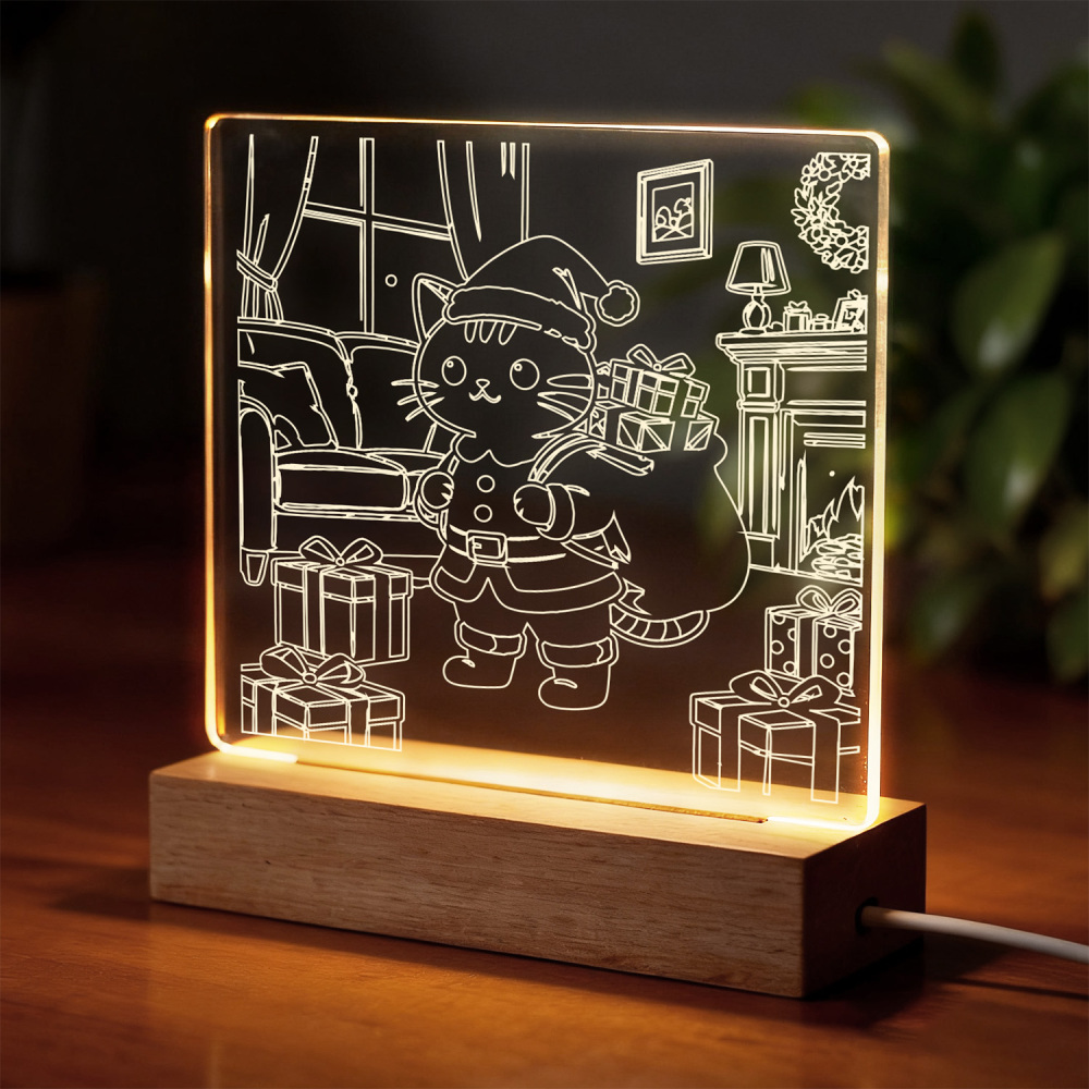 Night Glow Santa Cat Christmas Scene Light