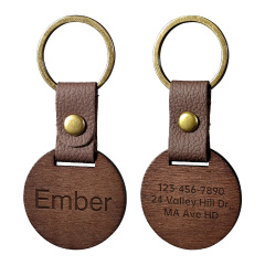 Custom Dark Round Wood-Leather Pet ID Tag – Engraved Pet Name Tag - Brass Keyring Pet Tags, Bespoke Brown Pet ID, Two-Sided Engraved Pet Badge, Dark Wood Pet Identification Tags, Textured Leather Strap Pet Tags, Pet Owners