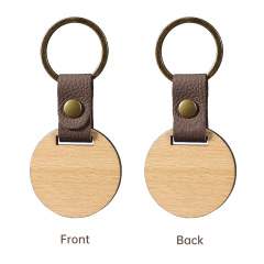 Custom Circular Wood-Leather Pet ID Tag – Engraved Pet Name Tag - Retro Keyring Pet Tags, Bespoke Round Pet ID, Two-Sided Engraved Pet Badge, Light Wood Pet ID, Brass-Accent Leather Strap Pet Tags, Pet Owners