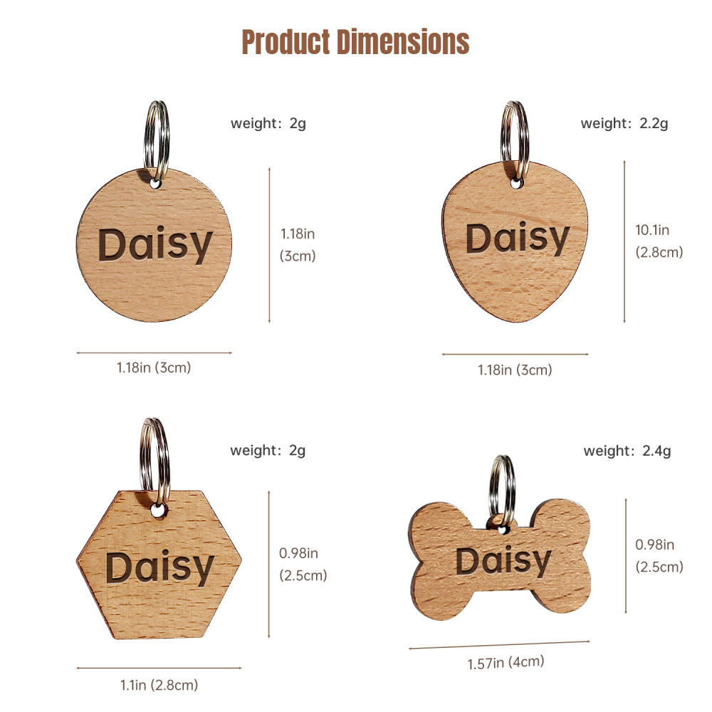 Multi-Shape Natural Wood Pet ID Tag Set – Solid Wood Bone/Hexagon/Heart/Circle Pet Name Badges - Custom Engraved Name & Phone Pet Identification Collar Tags