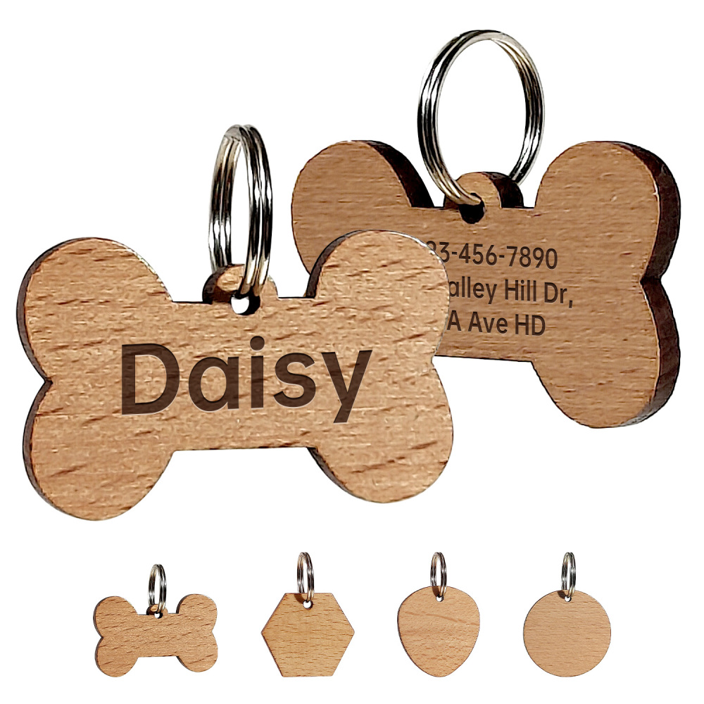 Multi-Shape Natural Wood Pet ID Tag Set – Solid Wood Bone/Hexagon/Heart/Circle Pet Name Badges - Custom Engraved Name & Phone Pet Identification Collar Tags