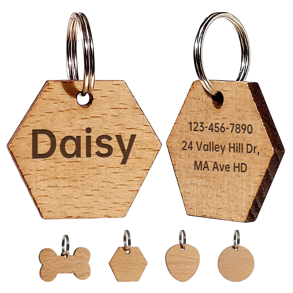Multi-Shape Natural Wood Pet ID Tag Set – Solid Wood Bone/Hexagon/Heart/Circle Pet Name Badges - Custom Engraved Name & Phone Pet Identification Collar Tags