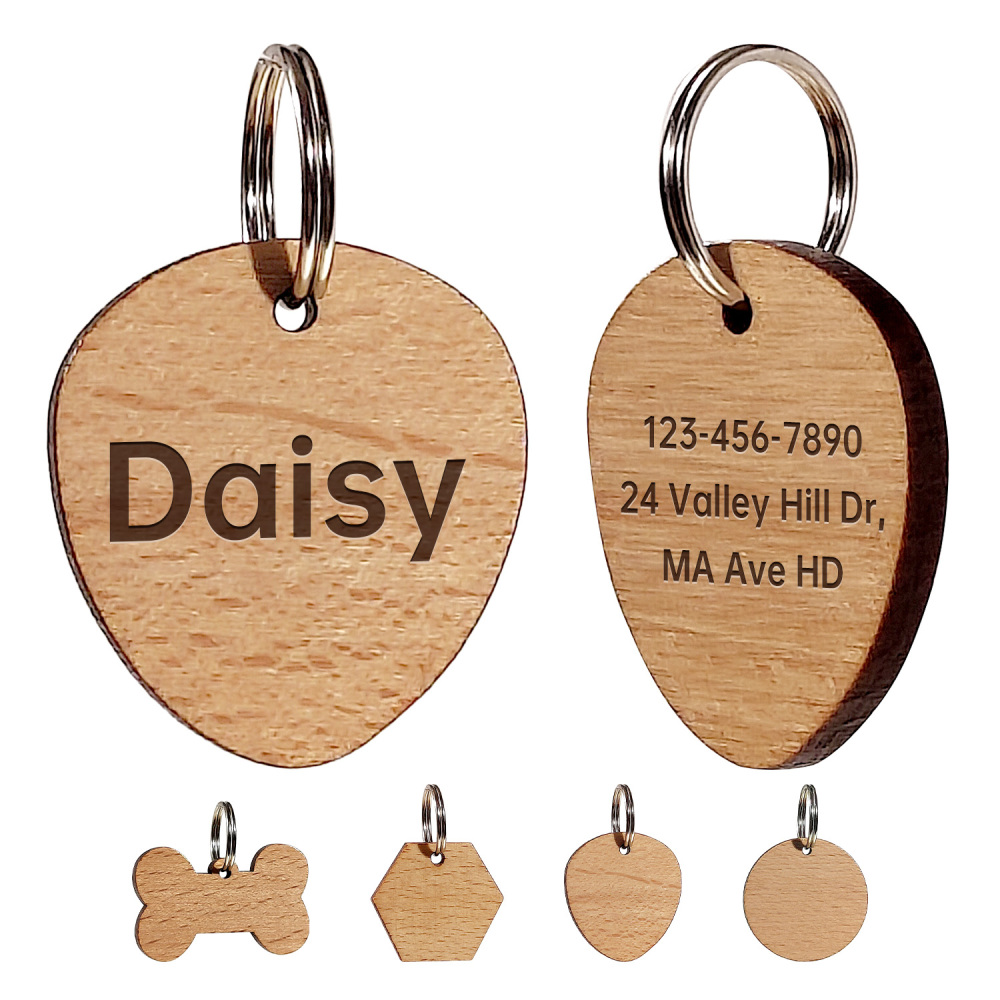 Multi-Shape Natural Wood Pet ID Tag Set – Solid Wood Bone/Hexagon/Heart/Circle Pet Name Badges - Custom Engraved Name & Phone Pet Identification Collar Tags