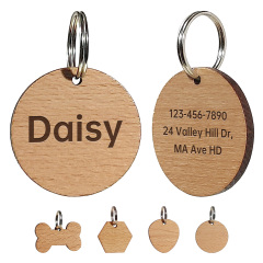Multi-Shape Natural Wood Pet ID Tag Set – Solid Wood Bone/Hexagon/Heart/Circle Pet Name Badges - Custom Engraved Name & Phone Pet Identification Collar Tags
