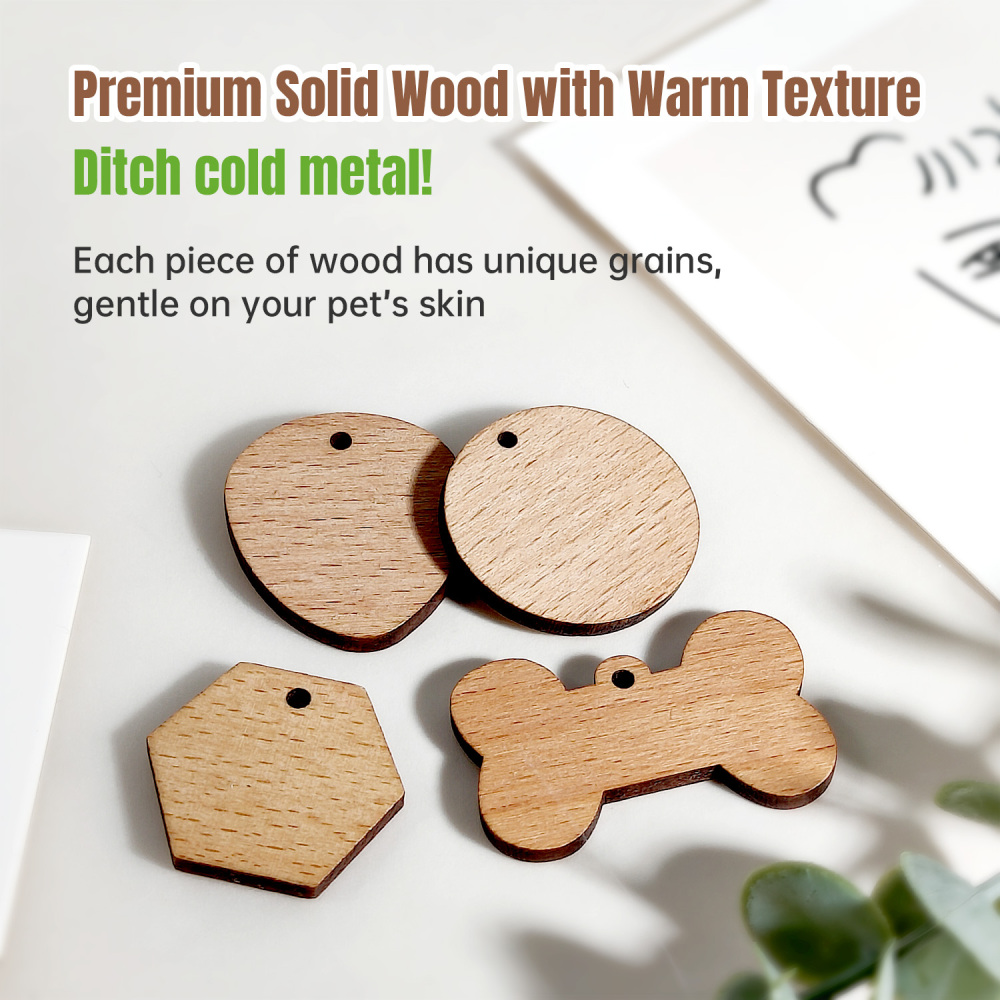 Multi-Shape Natural Wood Pet ID Tag Set – Solid Wood Bone/Hexagon/Heart/Circle Pet Name Badges - Custom Engraved Name & Phone Pet Identification Collar Tags