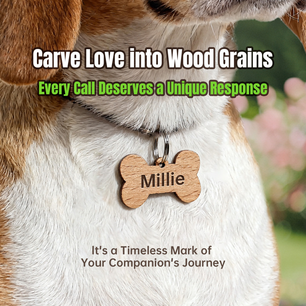 Multi-Shape Natural Wood Pet ID Tag Set – Solid Wood Bone/Hexagon/Heart/Circle Pet Name Badges - Custom Engraved Name & Phone Pet Identification Collar Tags