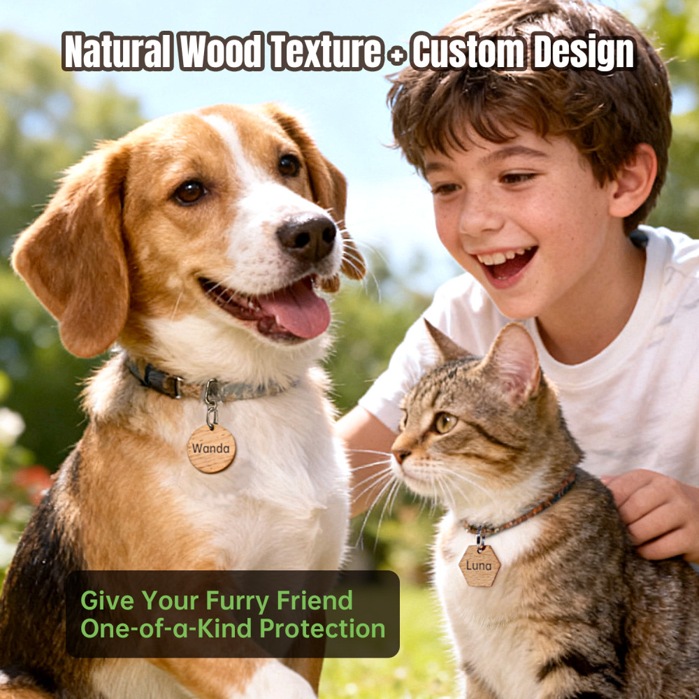 Multi-Shape Natural Wood Pet ID Tag Set – Solid Wood Bone/Hexagon/Heart/Circle Pet Name Badges - Custom Engraved Name & Phone Pet Identification Collar Tags