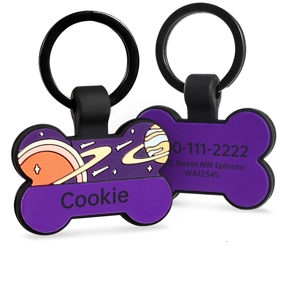 Space-Themed Silicone Bone Pet ID Tag – Custom Engraved Name & Contact Pet Collar Tag