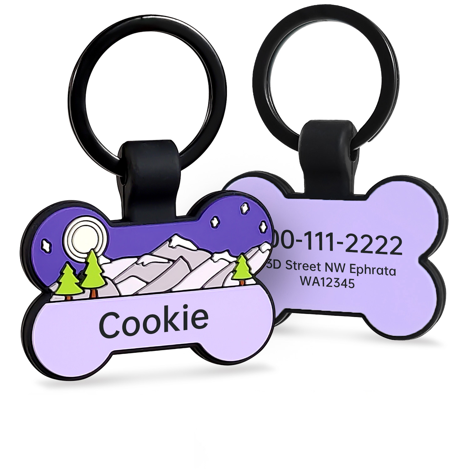 Moonlit Mountain Silicone Bone Pet ID Tag – Custom Engraved Pet Identification Collar Tag