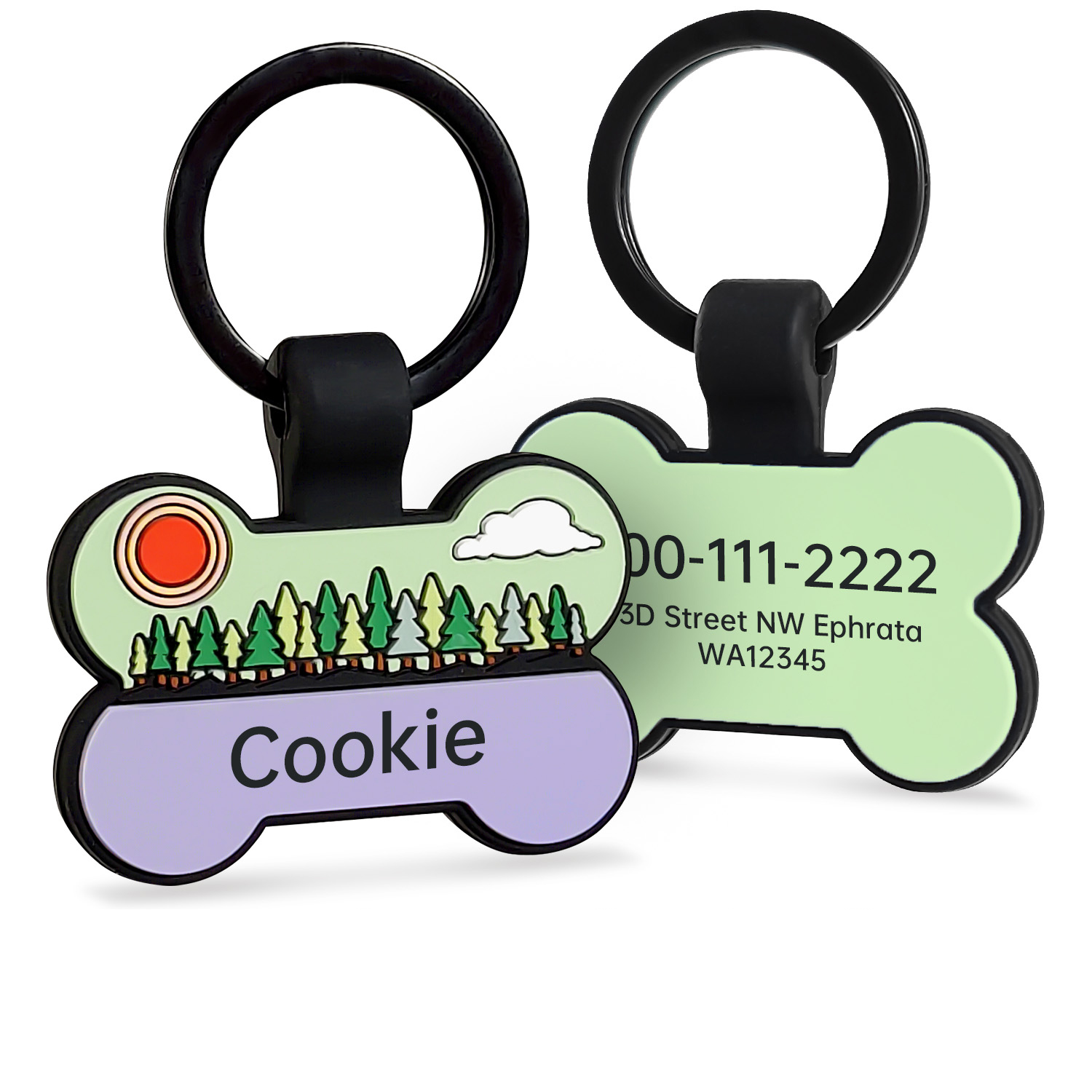 Forest Sunrise Silicone Bone Pet ID Tag – Personalized Name & Phone Pet Safety Collar Tag
