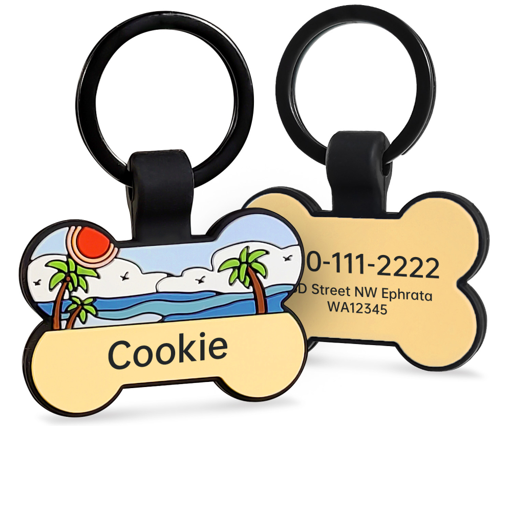Tropical Island Silicone Bone Pet ID Tag – Custom Engraved Name & Info Pet Collar Tag