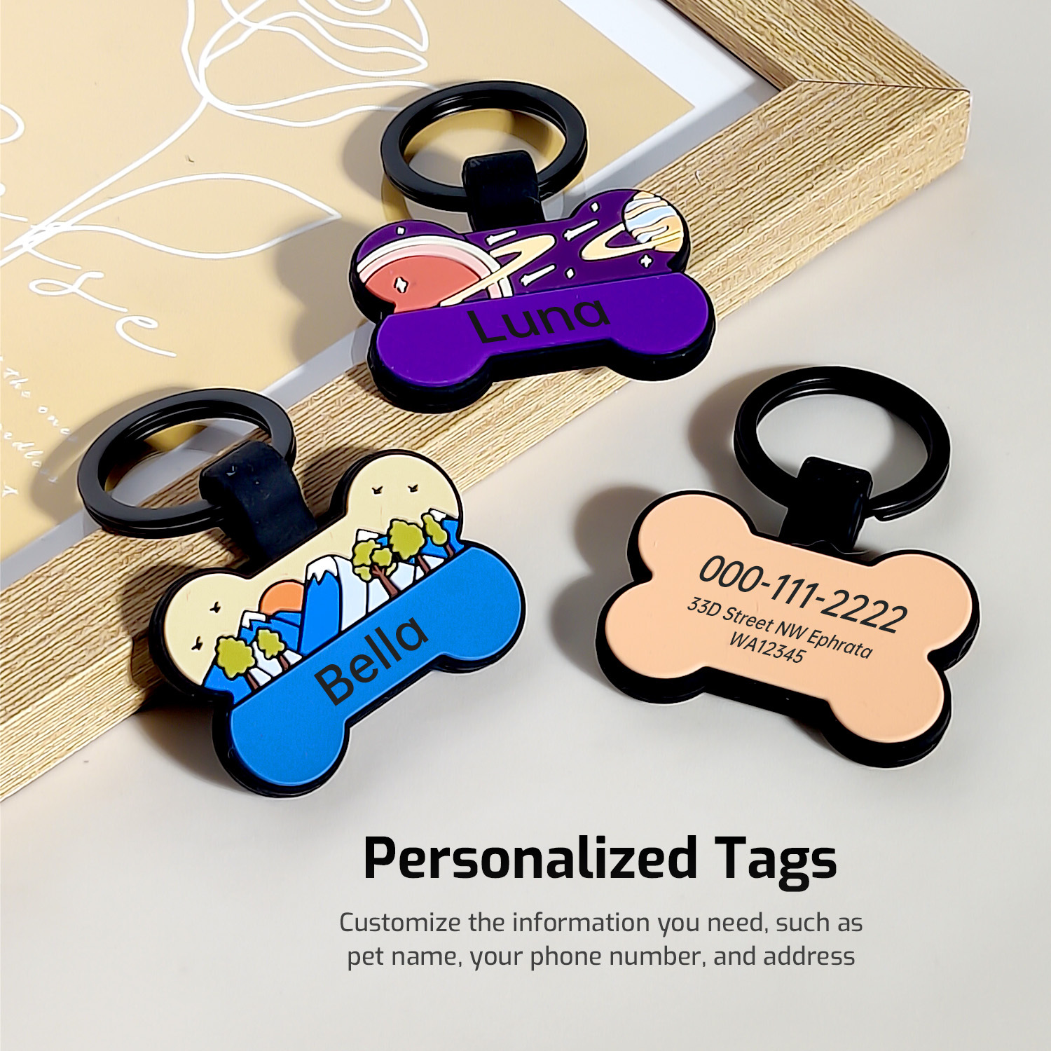 Space-Themed Silicone Bone Pet ID Tag – Custom Engraved Name & Contact Pet Collar Tag