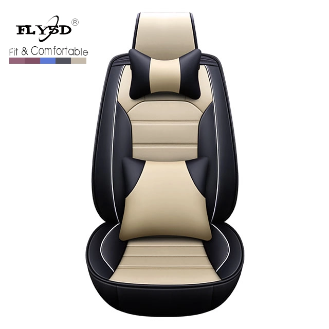 FLY5D Car Seat Covers Full Set in Black&amp;Beige of PU Leather with 9PCs Split Cushions on Front &amp; Rear Bench Fit for 5-Seat Sedan like SUV Truck Pick-up