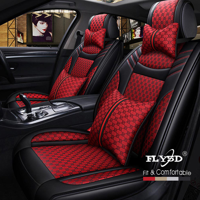 FLY5D Breathable Linen Car Seat Cover, Air-Bag Compatible Split Rear Seat Protector, Red, Beige, Black, and Gray