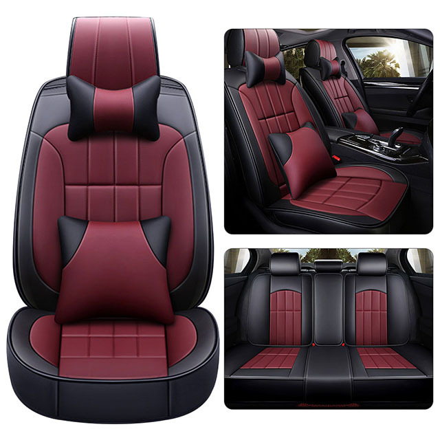 Fly5D Luxury PU Leather Car Seat Cover Wear-resistant Durable and Fashion, Suitable for 5-seats Cars Like SUV, VAN, Sedan, Wine Red