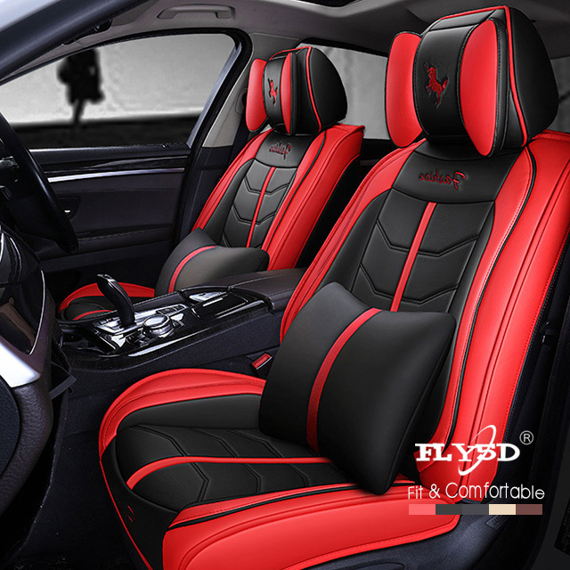 Fly5D PU Leather Car Seat Covers Full Surround Set, Universal Seat Protector for Cars like SUV Sedans, Black&amp;Red