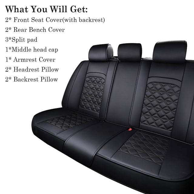 Fly5D Full Set Car Seat Cover PU Leather Full Surround, Waterproof Comfortable Durable Easy to Clean, Fit for Most of 5 Seats Cars, Black