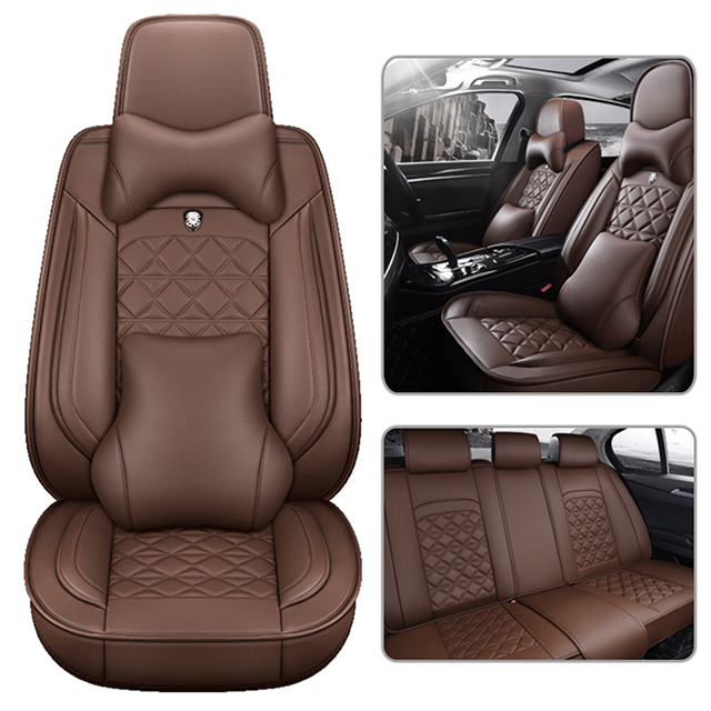 Fly5D Full Set Car Seat Cover with Professional PU Leather Full Surround, Luxury Auto Seat Cushions for SUVs, Sedans, Brown