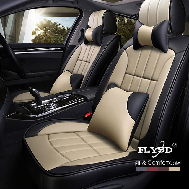 Fly5D Luxury PU Leather Car Seat Cover Wear-resistant Durable and Fashion, Suitable for 5-seats Cars Like SUV, VAN, Sedan, Wine Red