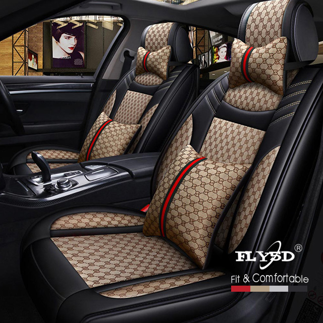 FLY5D Leather Car Seat Covers for Women and Men, Airbag Compatible for SUVs Sedans, Beige