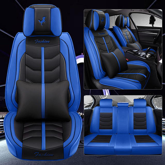 FLY5D Universal Car Seat Covers Leather, Full Set Cushions for 5-Seat Cars like SUV Sedan, Black&amp;Blue