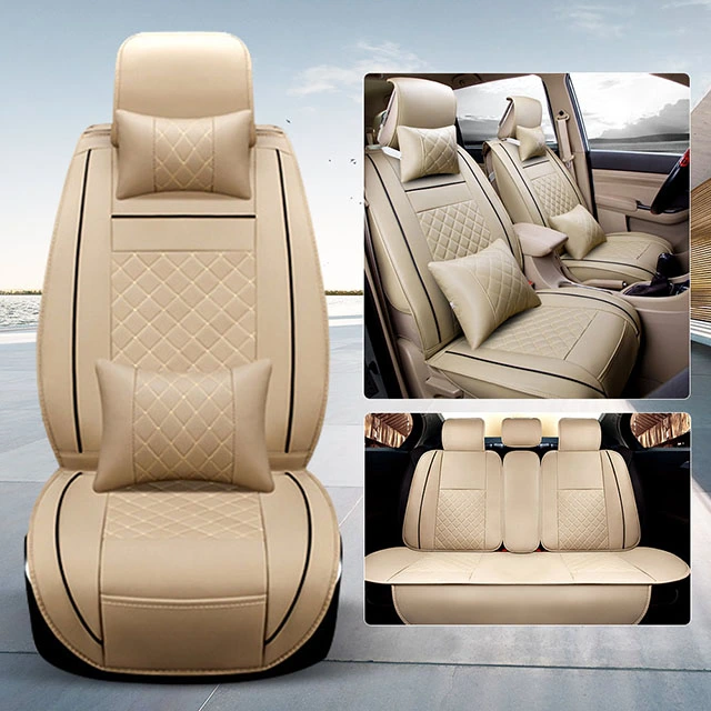 FLY5D Car Seat Covers Leather, Wear Resistant Soft PU Leather in Fashion Style Compatible for Sedans Sedans, Beige