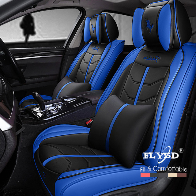 FLY5D Universal Car Seat Covers Leather, Full Set Cushions for 5-Seat Cars like SUV Sedan, Black&amp;Blue